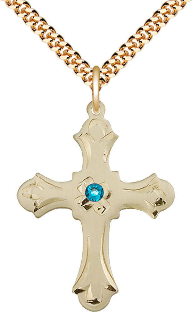 14kt Gold Filled Cross Pendant with a 3mm Zircon Swarovski stone on a 24 inch Gold Plate Heavy Curb chain