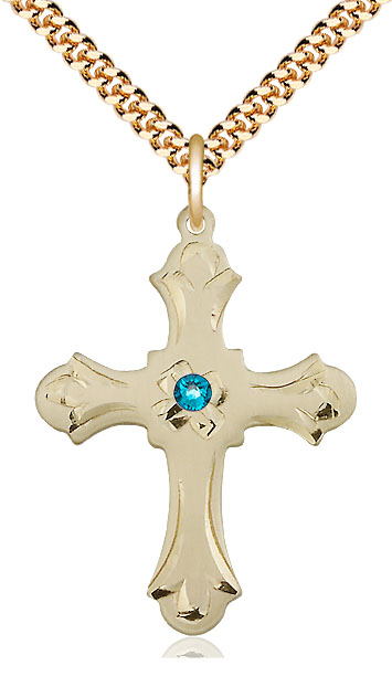 14kt Gold Filled Cross Pendant with a 3mm Zircon Swarovski stone on a 24 inch Gold Plate Heavy Curb chain