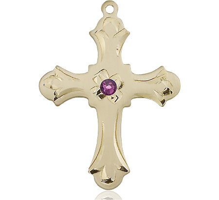 14kt Gold Filled Cross Medal with a 3mm Amethyst Swarovski stone