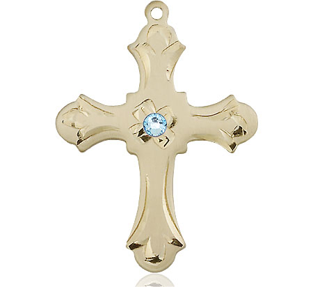 14kt Gold Filled Cross Medal with a 3mm Aqua Swarovski stone