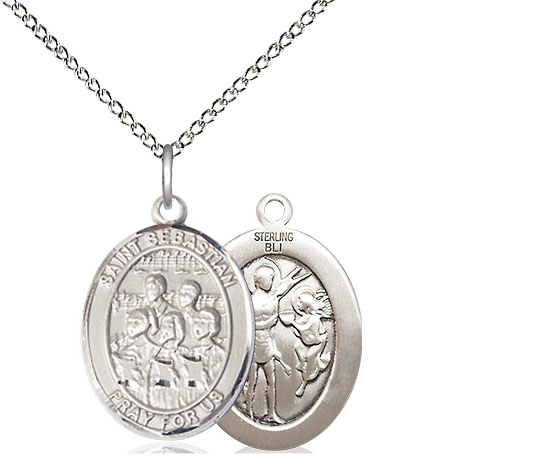 Sterling Silver Saint Sebastian Choir Pendant on a 18 inch Sterling Silver Light Curb chain