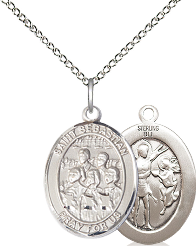 Sterling Silver Saint Sebastian Choir Pendant on a 18 inch Sterling Silver Light Curb chain
