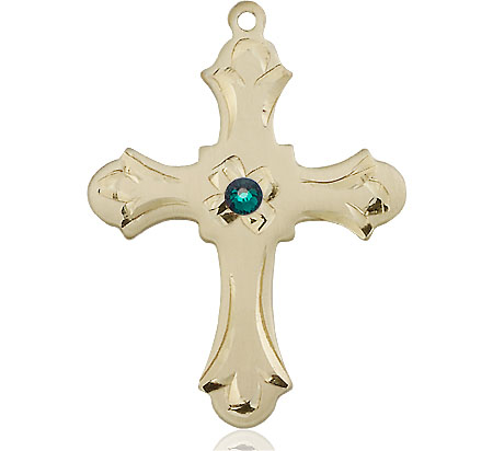 14kt Gold Filled Cross Medal with a 3mm Emerald Swarovski stone