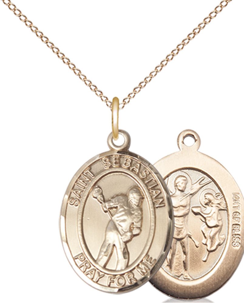 14kt Gold Filled Saint Sebastian Lacrosse Pendant on a 18 inch Gold Filled Light Curb chain