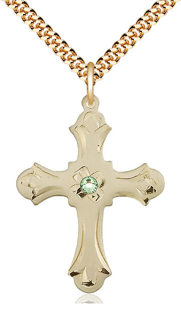 14kt Gold Filled Cross Pendant with a 3mm Peridot Swarovski stone on a 24 inch Gold Plate Heavy Curb chain