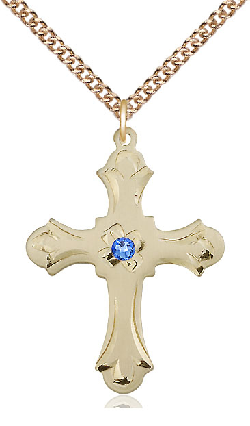 14kt Gold Filled Cross Pendant with a 3mm Sapphire Swarovski stone on a 24 inch Gold Filled Heavy Curb chain