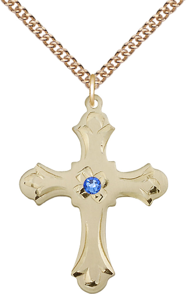 14kt Gold Filled Cross Pendant with a 3mm Sapphire Swarovski stone on a 24 inch Gold Filled Heavy Curb chain