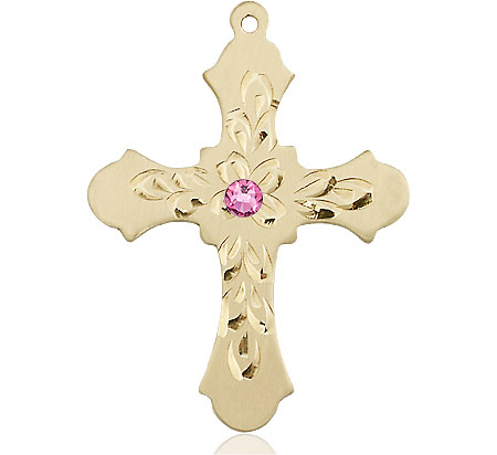 14kt Gold Filled Cross Medal with a 3mm Rose Swarovski stone