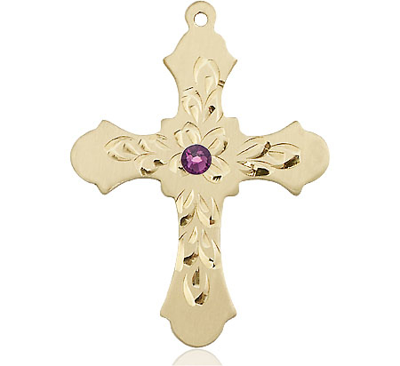 14kt Gold Filled Cross Medal with a 3mm Amethyst Swarovski stone
