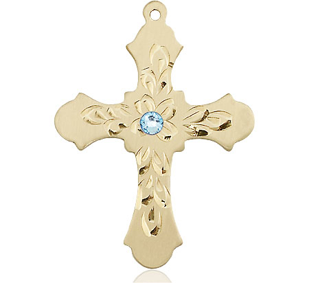 14kt Gold Filled Cross Medal with a 3mm Aqua Swarovski stone