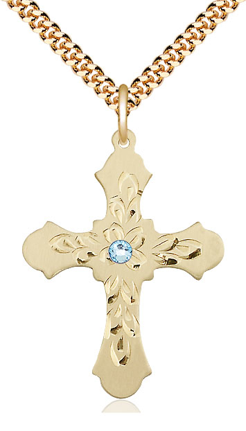 14kt Gold Filled Cross Pendant with a 3mm Aqua Swarovski stone on a 24 inch Gold Plate Heavy Curb chain