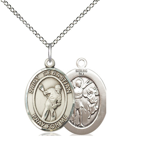 Sterling Silver Saint Sebastian Lacrosse Pendant on a 18 inch Sterling Silver Light Curb chain