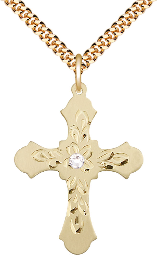 14kt Gold Filled Cross Pendant with a 3mm Crystal Swarovski stone on a 24 inch Gold Plate Heavy Curb chain