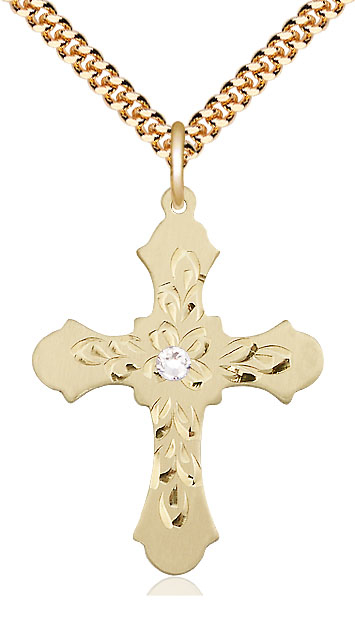 14kt Gold Filled Cross Pendant with a 3mm Crystal Swarovski stone on a 24 inch Gold Plate Heavy Curb chain