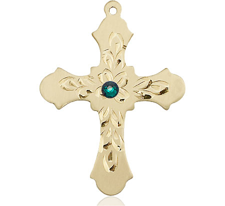 14kt Gold Filled Cross Medal with a 3mm Emerald Swarovski stone