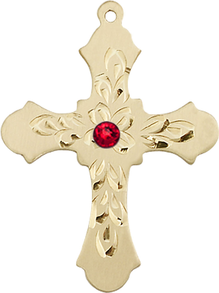 14kt Gold Filled Cross Medal with a 3mm Ruby Swarovski stone