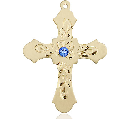 14kt Gold Filled Cross Medal with a 3mm Sapphire Swarovski stone