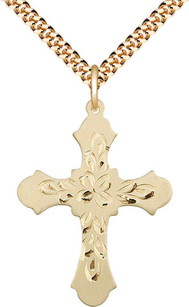 14kt Gold Filled Cross Pendant on a 24 inch Gold Plate Heavy Curb chain