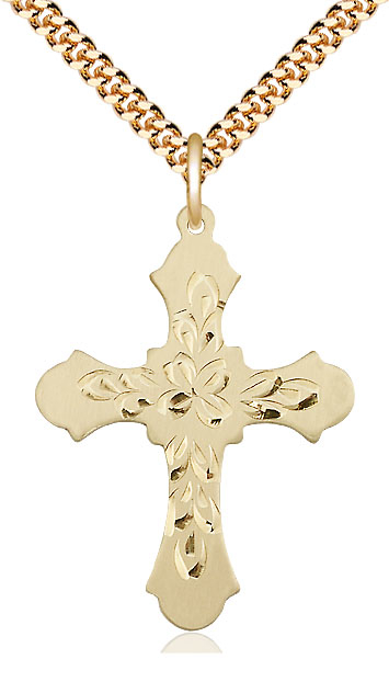 14kt Gold Filled Cross Pendant on a 24 inch Gold Plate Heavy Curb chain