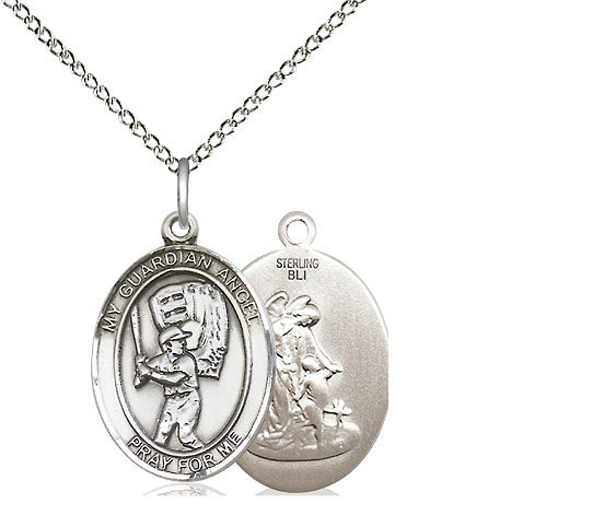 Sterling Silver Guardian Angel Baseball Pendant on a 18 inch Sterling Silver Light Curb chain