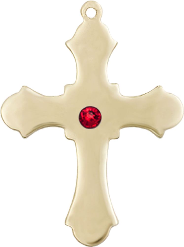 14kt Gold Cross Medal with a 3mm Ruby Swarovski stone