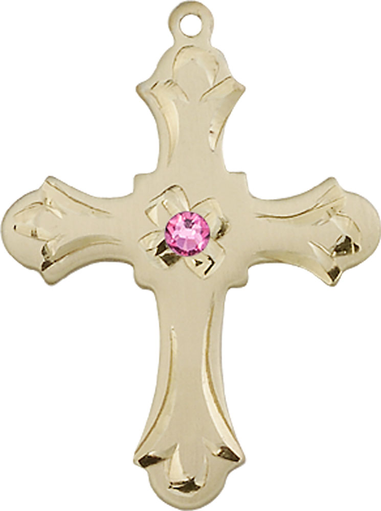 14kt Gold Cross Medal with a 3mm Rose Swarovski stone