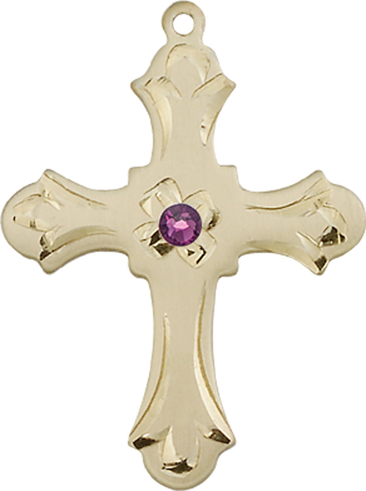 14kt Gold Cross Medal with a 3mm Amethyst Swarovski stone