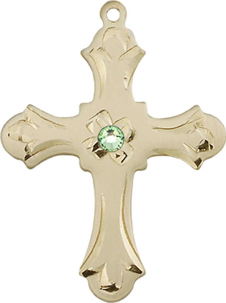 14kt Gold Cross Medal with a 3mm Peridot Swarovski stone