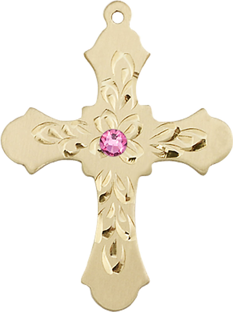 14kt Gold Cross Medal with a 3mm Rose Swarovski stone