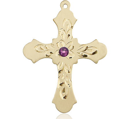 14kt Gold Cross Medal with a 3mm Amethyst Swarovski stone