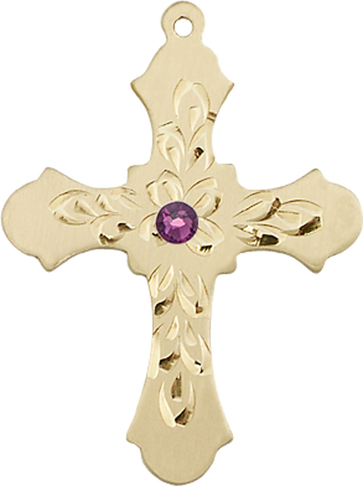 14kt Gold Cross Medal with a 3mm Amethyst Swarovski stone