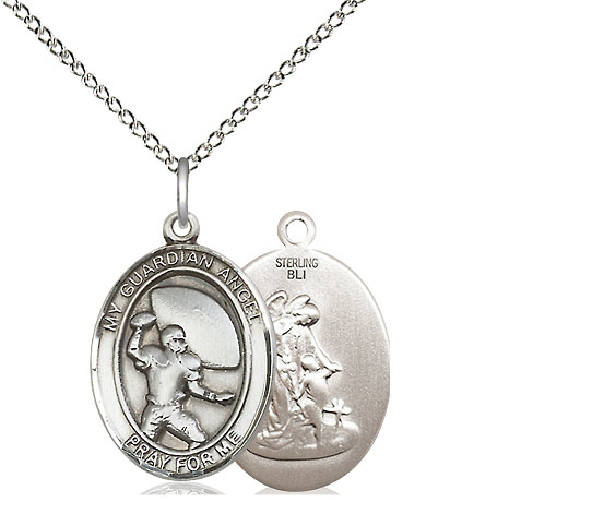 Sterling Silver Guardian Angel Football Pendant on a 18 inch Sterling Silver Light Curb chain
