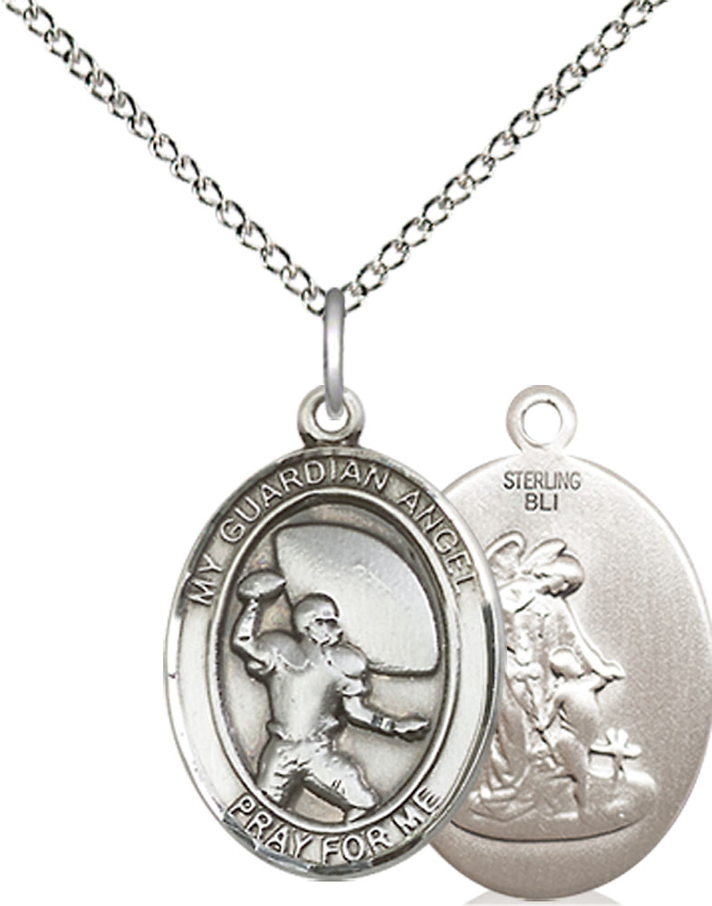 Sterling Silver Guardian Angel Football Pendant on a 18 inch Sterling Silver Light Curb chain
