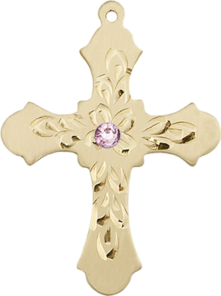 14kt Gold Cross Medal with a 3mm Light Amethyst Swarovski stone