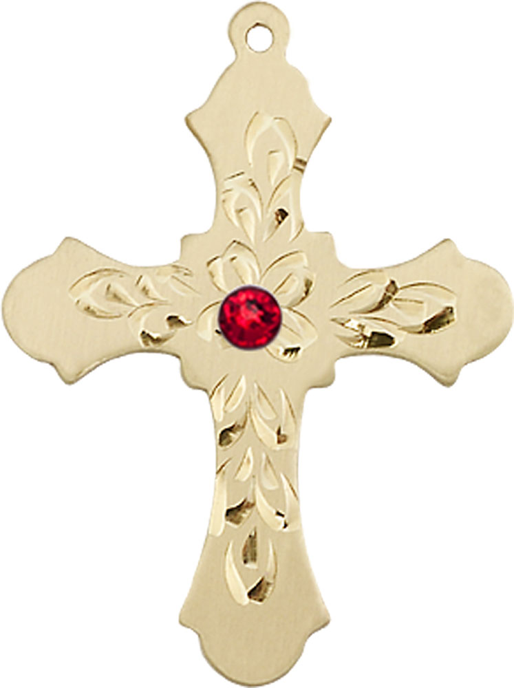 14kt Gold Cross Medal with a 3mm Ruby Swarovski stone