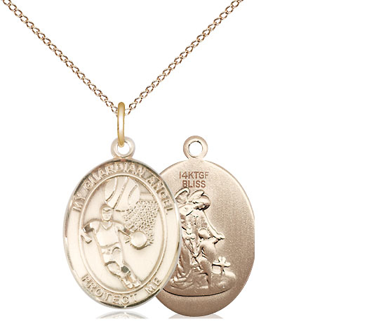 14kt Gold Filled Guardian Angel Basketball Pendant on a 18 inch Gold Filled Light Curb chain