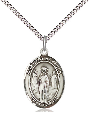 Sterling Silver Our Lady of Knock Pendant on a 18 inch Light Rhodium Light Curb chain