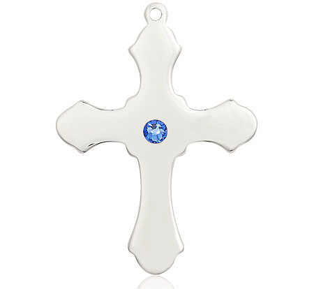 Sterling Silver Cross Medal with a 3mm Sapphire Swarovski stone