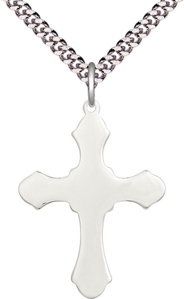 Sterling Silver Cross Pendant on a 24 inch Light Rhodium Heavy Curb chain