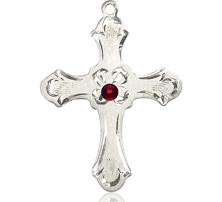 Sterling Silver Cross Medal with a 3mm Garnet Swarovski stone