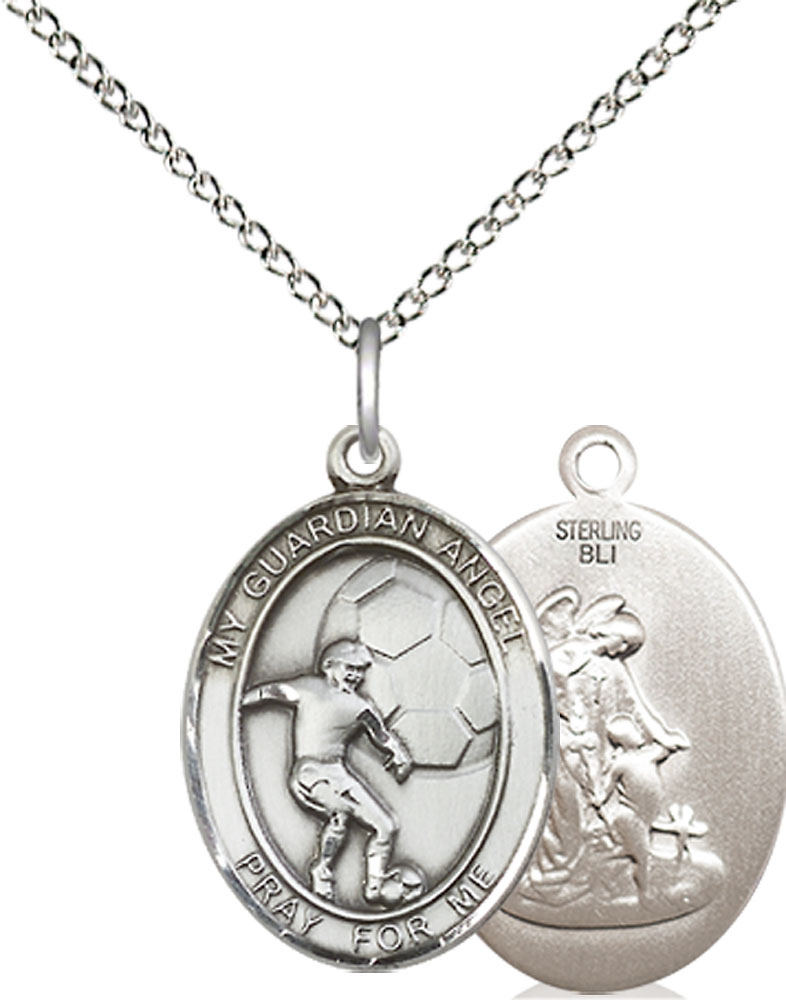 Sterling Silver Guardian Angel Soccer Pendant on a 18 inch Sterling Silver Light Curb chain