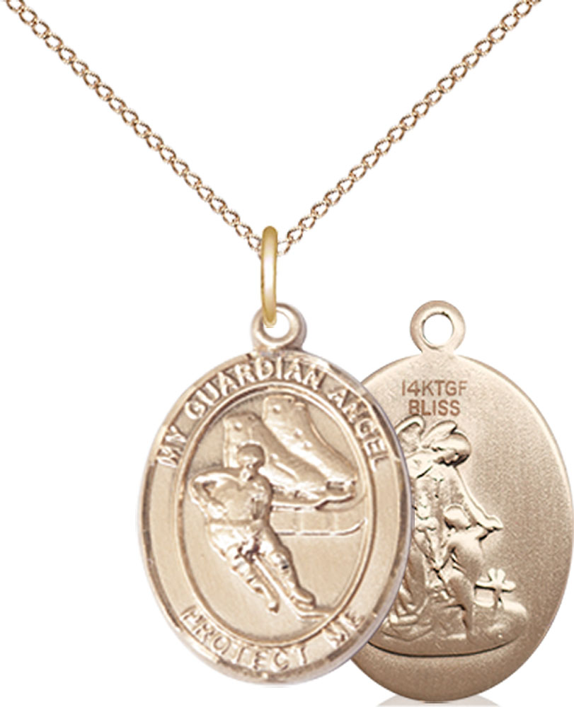 14kt Gold Filled Guardian Angel Hockey Pendant on a 18 inch Gold Filled Light Curb chain