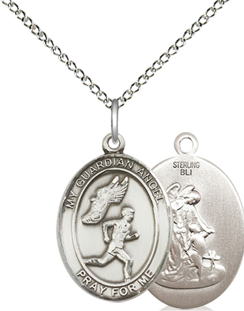 Sterling Silver Guardian Angel Track&amp;Field-Men Pendant on a 18 inch Sterling Silver Light Curb chain