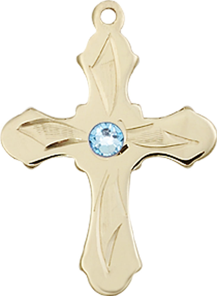 14kt Gold Cross Medal with a 3mm Aqua Swarovski stone