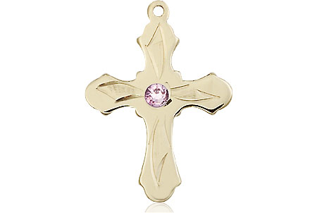 14kt Gold Cross Medal with a 3mm Light Amethyst Swarovski stone