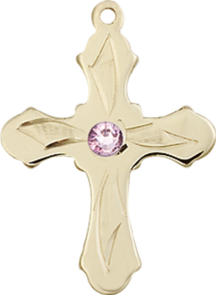 14kt Gold Cross Medal with a 3mm Light Amethyst Swarovski stone