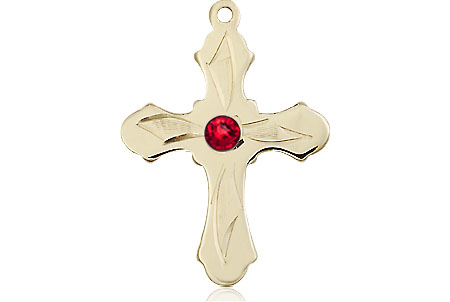 14kt Gold Cross Medal with a 3mm Ruby Swarovski stone