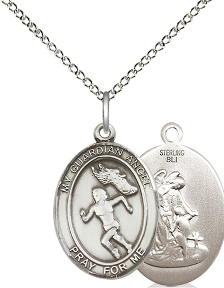 Sterling Silver Guardian Angel Track&amp;Field Pendant on a 18 inch Sterling Silver Light Curb chain