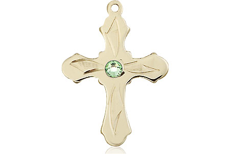 14kt Gold Cross Medal with a 3mm Peridot Swarovski stone