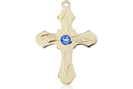 14kt Gold Cross Medal with a 3mm Sapphire Swarovski stone